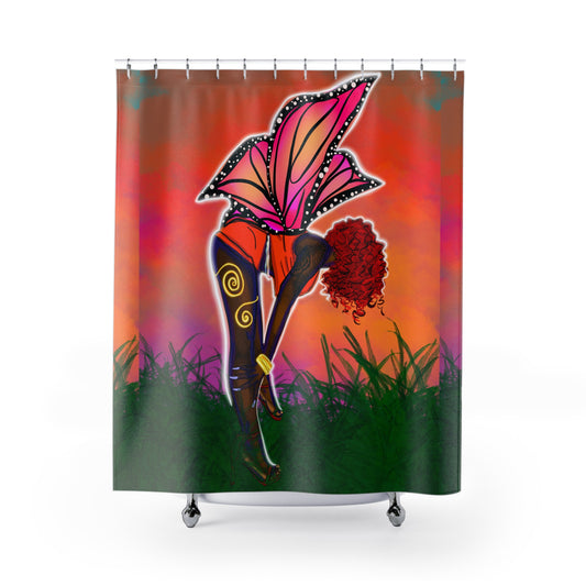 Floral Afro Woman Shower Curtain — Vibrant Pink Orange Botanical Art