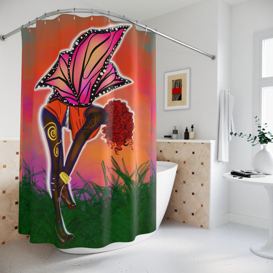 Floral Afro Woman Shower Curtain — Vibrant Pink Orange Botanical Art