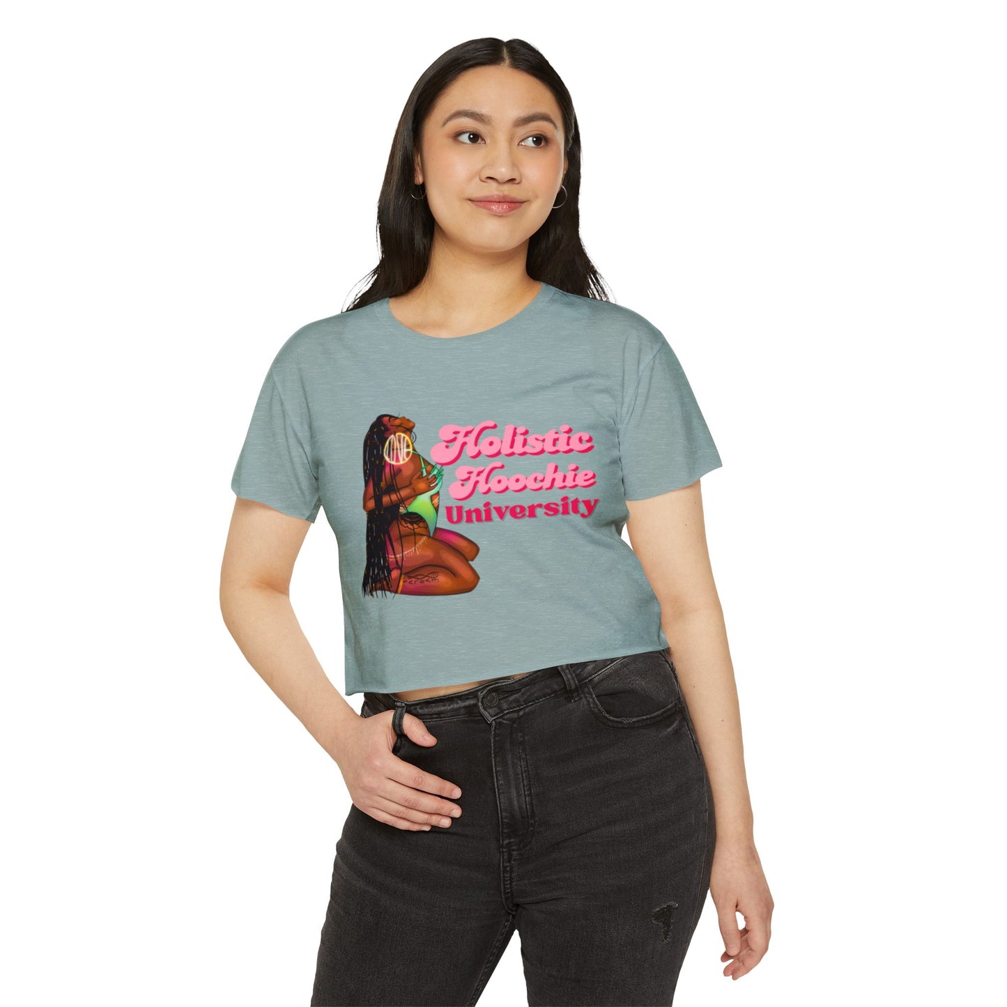 Festival Crop Top – "Holistic Hoochie University" Retro Pinup Graphic