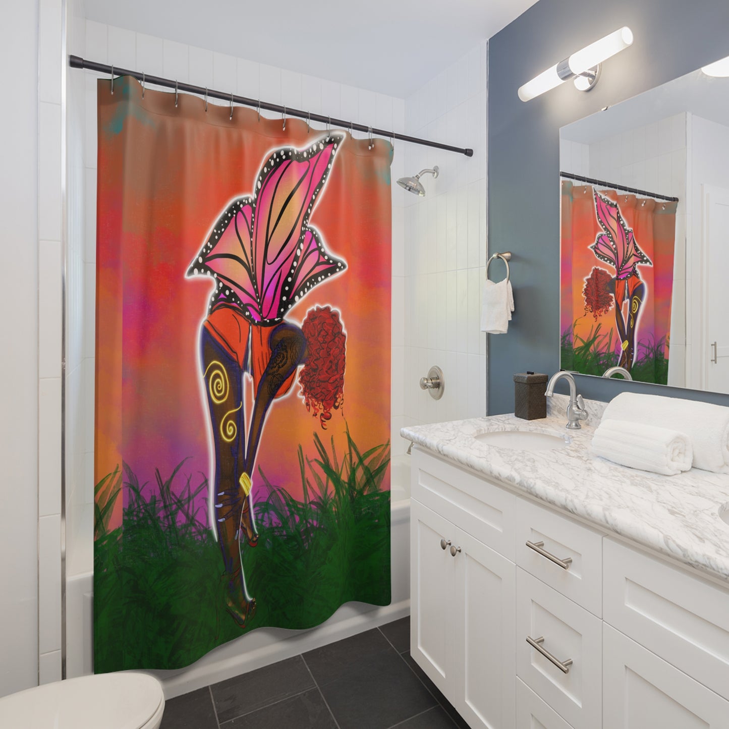Floral Afro Woman Shower Curtain — Vibrant Pink Orange Botanical Art