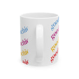 Ceramic Mug — "Good Voochie Is Healthy" Colorful Repeating Text Coffee Cup