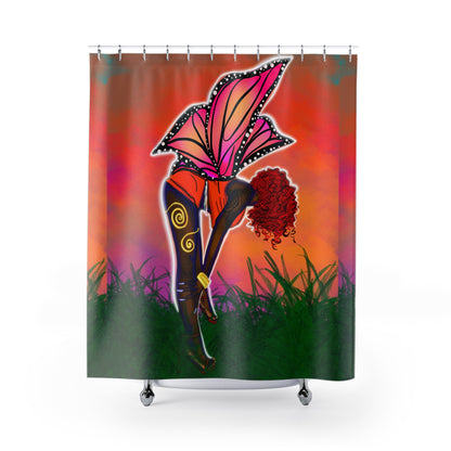Floral Afro Woman Shower Curtain — Vibrant Pink Orange Botanical Art