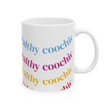 Ceramic Mug — "Good Voochie Is Healthy" Colorful Repeating Text Coffee Cup
