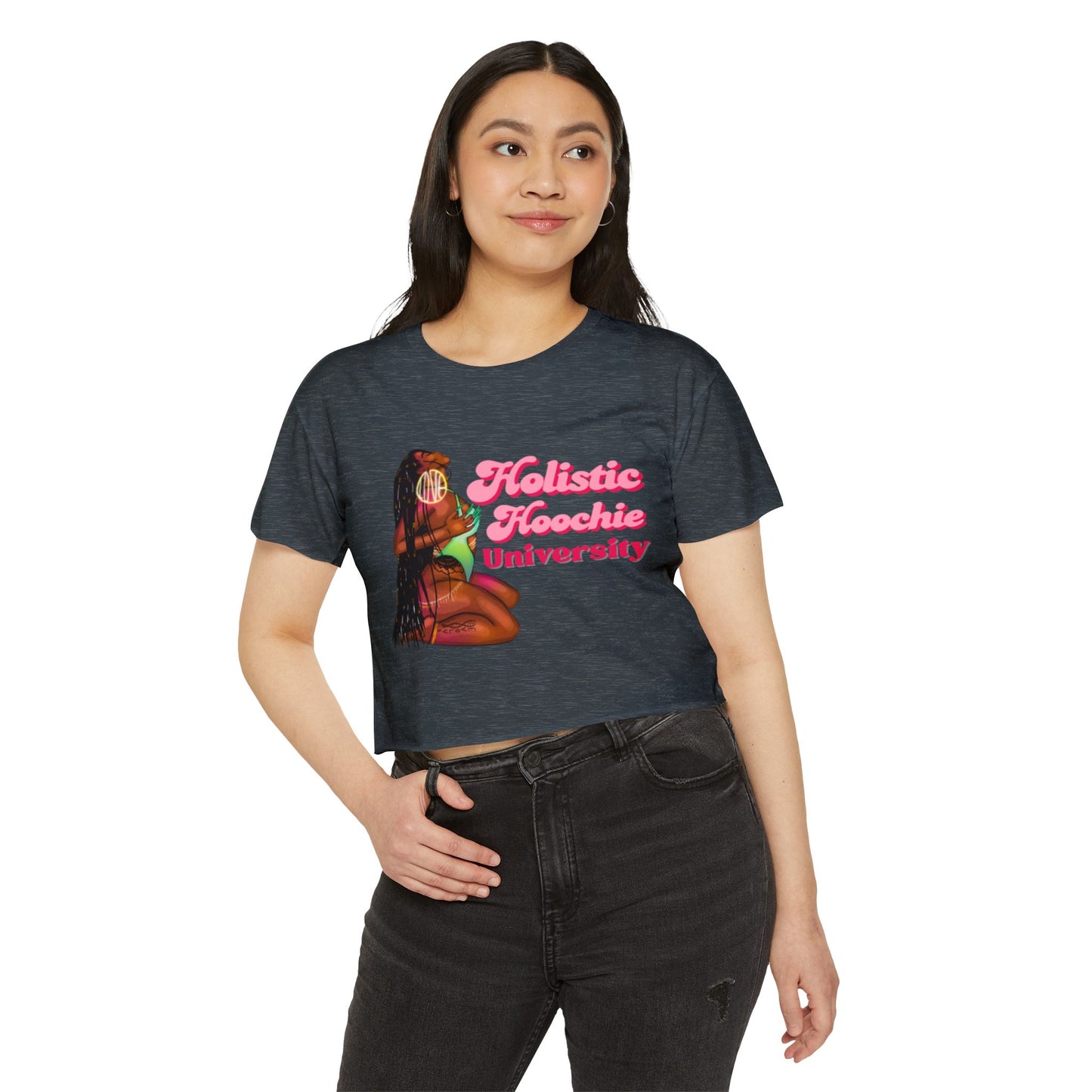 Festival Crop Top – "Holistic Hoochie University" Retro Pinup Graphic