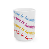 Ceramic Mug — "Good Voochie Is Healthy" Colorful Repeating Text Coffee Cup