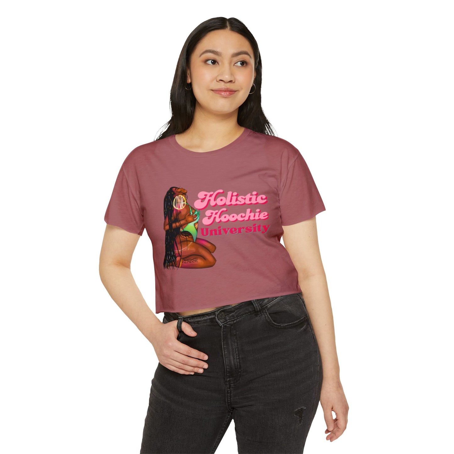 Festival Crop Top – "Holistic Hoochie University" Retro Pinup Graphic
