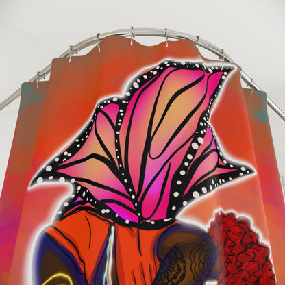 Floral Afro Woman Shower Curtain — Vibrant Pink Orange Botanical Art
