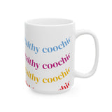 Ceramic Mug — "Good Voochie Is Healthy" Colorful Repeating Text Coffee Cup